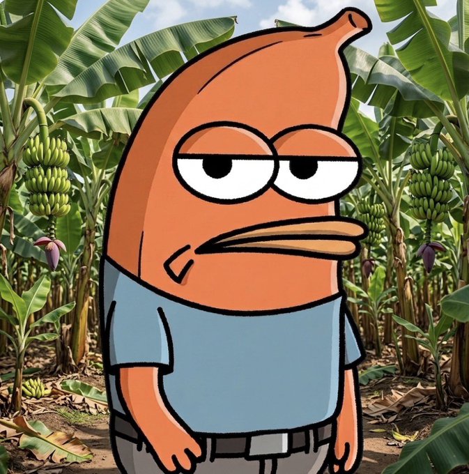 A cartoon illustration of an orange fish-like character with a pointed snout, wearing glasses and a blue t-shirt, standing with an unimpressed expression in front of a banana plantation with bunches of green bananas hanging from the trees.