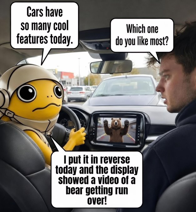 The image shows a meme featuring a yellow toad character in a white racing helmet sitting in the driver's seat of a car, with a man in the passenger seat asking "Which one do you like most?" The toad responds, "Cars have so many cool features today. I put it in reverse today and the display showed a video of a bear getting run over!" with the disturbing image of a bear being run over visible on the car's reverse display screen.

This relates to the $TURBO token as the toad is "taking the wheel" by driving the car, personifying the cryptocurrency mascot behind the wheel.