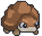 A pixel-art sprite of a brown mushroom-like creature with large blue eyes and a small frowning mouth.