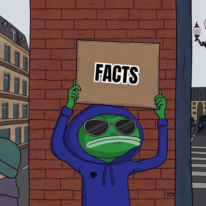 An animated cartoon illustration shows a green frog character wearing sunglasses and a blue hoodie, holding up a cardboard sign that reads 'FACTS' against a brick wall background.