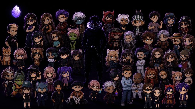 A collection of various cartoon anime-style character sprites is displayed against a dark background.