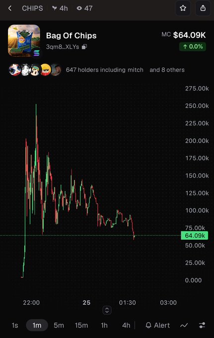 A cryptocurrency price chart for the 'Bag Of Chips' token shows a market cap (MC) of $64.09K with a 0.0% change, displaying significant volatility over a 4-hour period with 647 holders.