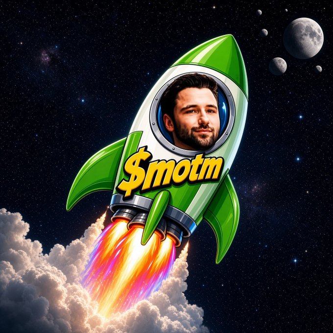 An AI-generated cartoon rocket ship soaring through space with colorful flames, featuring a man's face in the window and the text '$motm' displayed prominently in gold lettering.