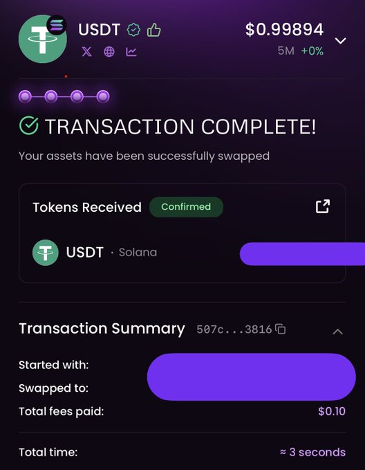 A cryptocurrency transaction confirmation screen on a mobile app showing USDT (Solana) transaction complete, with a token price of $0.99894, total fees of $0.10, and total time of approximately 3 seconds.