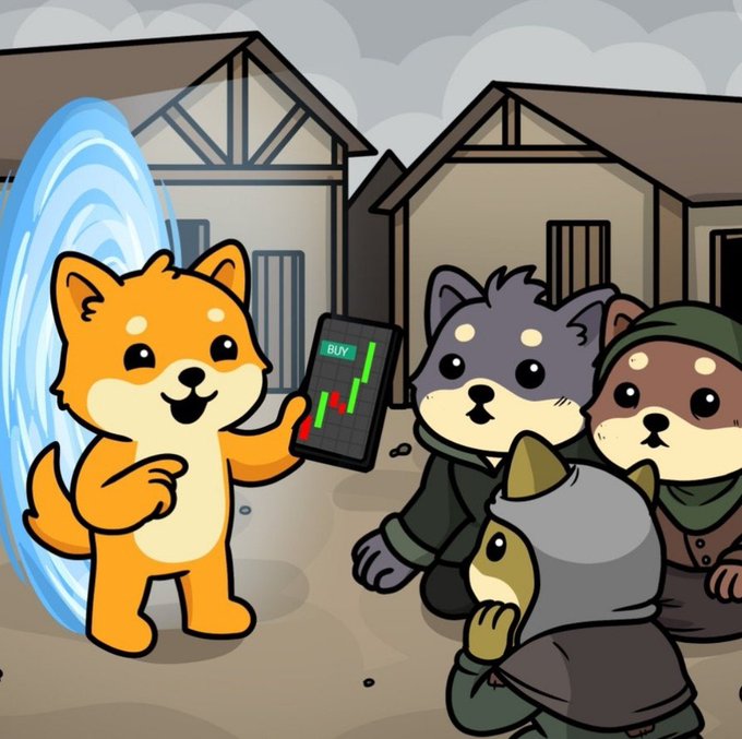 The same cartoon scene of a Shiba Inu emerging from a blue portal with a trading chart, presenting to cloaked animal figures including a wolf, otter, and cat in front of worn buildings.