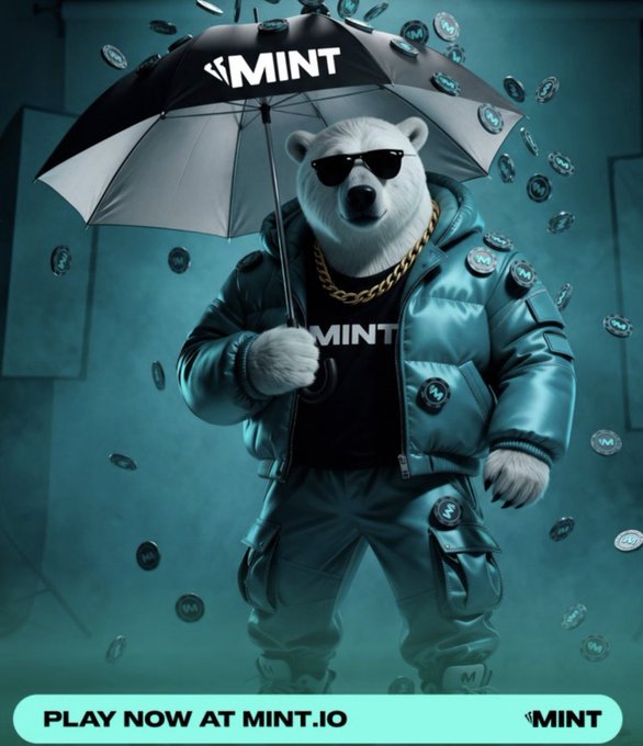 A cool anthropomorphic polar bear in sunglasses and a teal puffer jacket stands under a black and white "MINT" umbrella, surrounded by falling MINT-branded tokens. The promotional banner at the bottom reads "PLAY NOW AT MINT.IO," reinforcing the post's message about MINT connecting NFT identity to spendable $MNTD tokens.