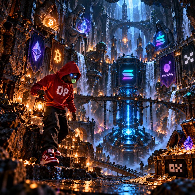 A fantasy digital artwork depicting a figure in a red 'OP' hoodie and gas mask holding a lantern in a glowing, cavernous cryptocurrency temple featuring Bitcoin, Ethereum, Solana, and MoonPay banners alongside a treasure chest of coins.