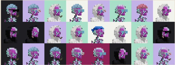 A grid of 25 pixel-art portraits of Argonauts featuring a character in a baseball cap rendered in vibrant radioactive pink, purple, and cyan tones against various colored backgrounds. The collection showcases stylistic variations of the same character, aligning with the post's reference to minting 25 unique Radioactive Argonauts NFTs.