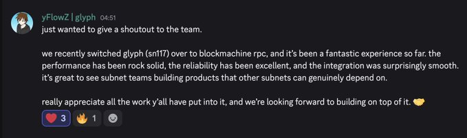 A Discord message from user "yFlowZ | glyph" gives a shoutout to the team behind Subnet 117 (sn117), praising the switch to BlockMachine RPC for its solid performance, excellent reliability, and smooth integration. The accompanying post highlights sn117 as a high-quality but underappreciated project in the Bittensor ecosystem, using this positive testimonial to argue that the subnet deserves more attention and funding.