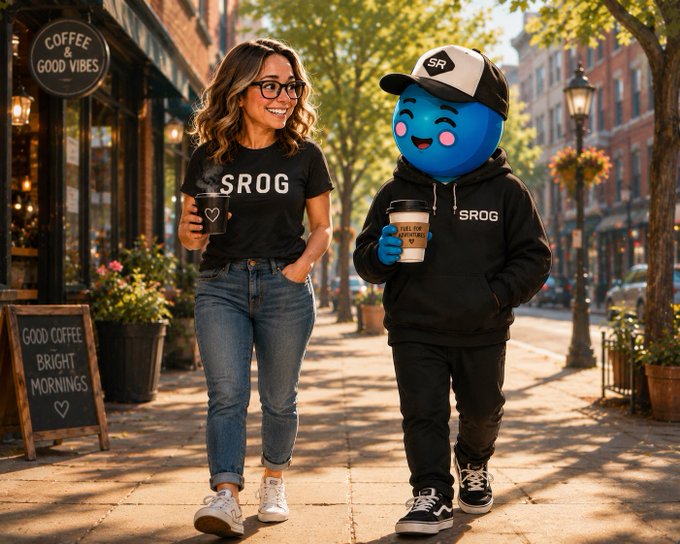 A woman wearing a black 'SROG' t-shirt walks alongside a blue mascot character in matching SROG hoodie and cap, both holding coffee cups on a sunny street with a 'Coffee & Good Vibes' cafe.