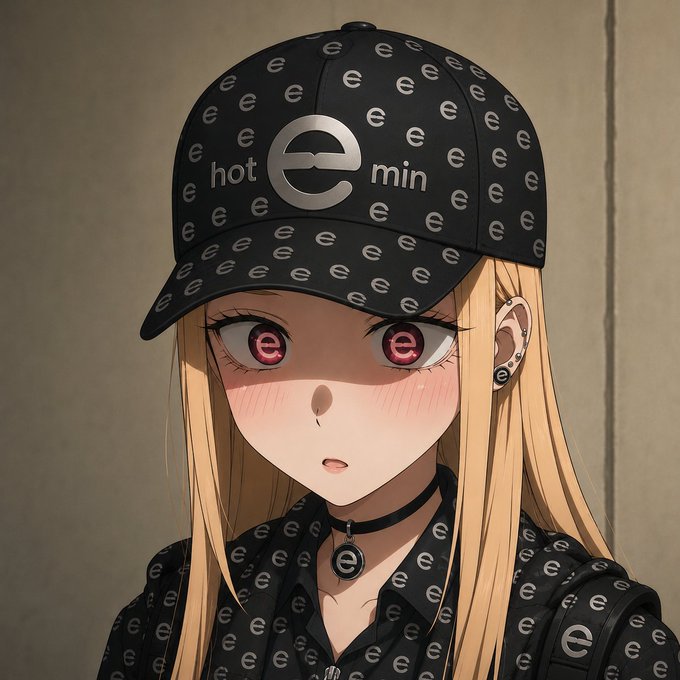 An anime-style blonde girl wearing a black cap and clothing patterned with 'e' logos and 'hot min' text.