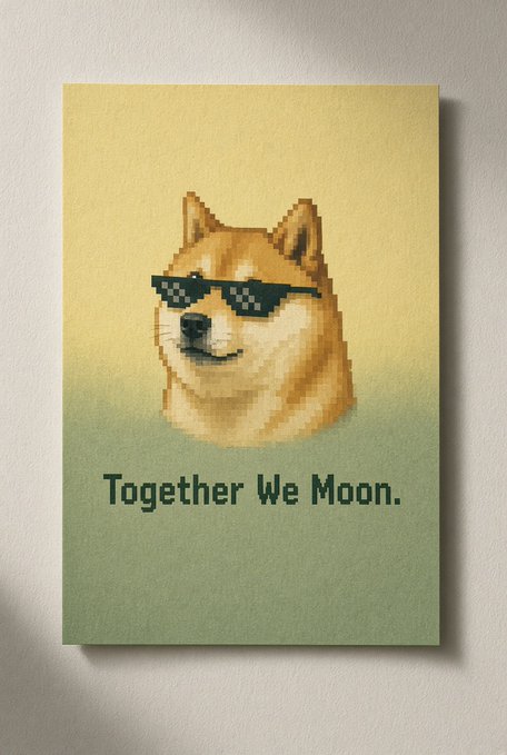Pixel art poster of a Shiba Inu dog wearing pixelated sunglasses, with the text 'Together We Moon.' below.