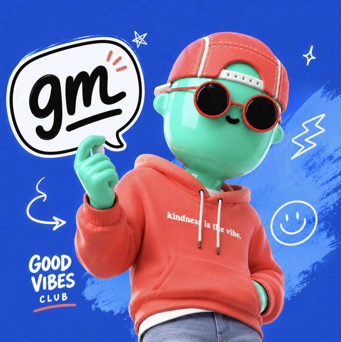 A 3D-rendered green character wearing a red cap, sunglasses, and a red hoodie reading "kindness is the vibe" holds a speech bubble with "gm" inside, against a blue background featuring "GOOD VIBES CLUB" text and doodles.
