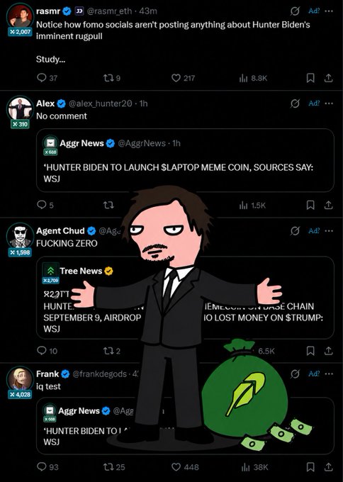 A screenshot of tweets discussing Hunter Biden launching a '$LAPTOP MEME COIN' according to WSJ, with users like @rasmr_, @alex_hunter20, and @frankdegods commenting, overlaid with an animated character in a suit holding a green money bag.