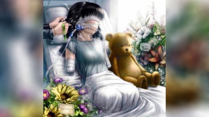 A melancholic digital artwork of a young girl lying in a hospital bed with bandages, an oxygen mask, and an IV, clutching a teddy bear while surrounded by flowers and butterflies.