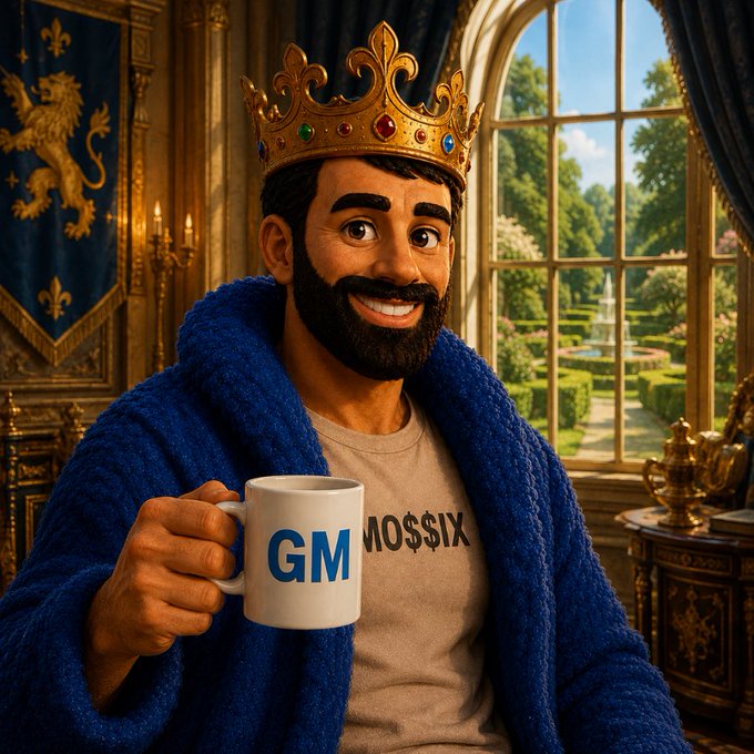 A 3D-rendered man wearing a gold crown and a blue fuzzy robe holds a white mug reading 'GM', with his shirt displaying 'MO$$IX', set against a royal interior backdrop.