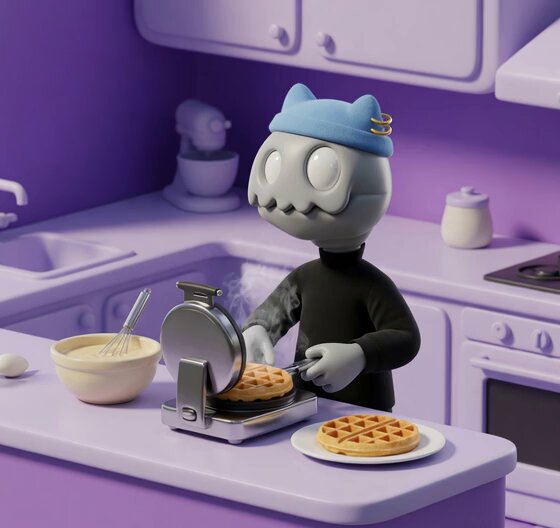 The image features a cartoon character, possibly a robot or a doll, standing at a kitchen counter with waffles being made by an appliance called a waffle maker. The character appears to be wearing a hat and has a blue band on its head. There are two plates of waffles in front of the character, one placed closer to it and another further away. A bowl is also present on the counter near the character's feet. The post that accompanies this image reads: "GmGM @LongLostNFT Waffles anyone?!".