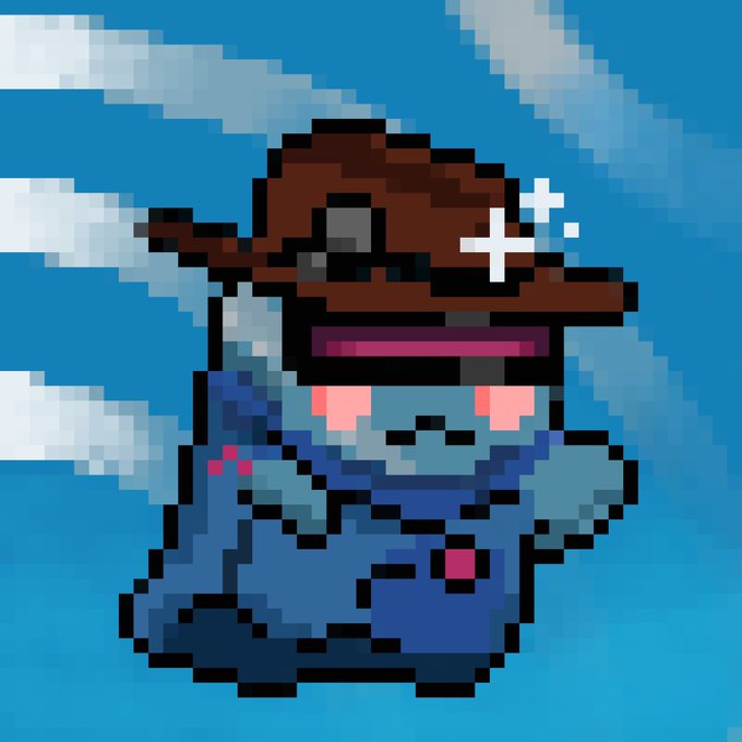 A pixel art character with a large brown hat, blue robe, and pink cheeks stands against a blue sky with white clouds.
