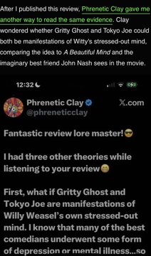 A screenshot of a social media post from 'Phrenetic Clay' (@phreneticclay) replying to a review, with text discussing theories about 'Gritty Ghost' and 'Tokyo Joe' and referencing 'A Beautiful Mind' and John Nash.