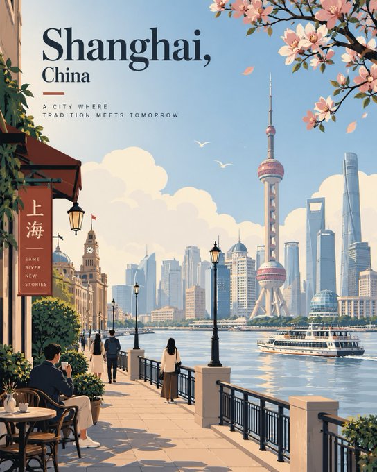 An illustrated travel poster of Shanghai, China featuring the Oriental Pearl Tower and Shanghai skyline along the Bund, with cherry blossoms and the tagline 'A city where tradition meets tomorrow.'