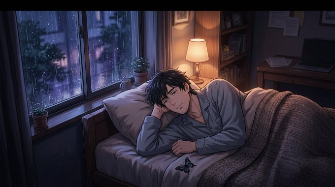 An anime-style illustration of a dark-haired young man sleeping peacefully on a bed by a window on a rainy night, warmly lit by a bedside lamp.