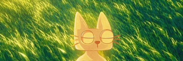 A minimalist animation-style image of a tan cat with closed eyes set against a green grass background.