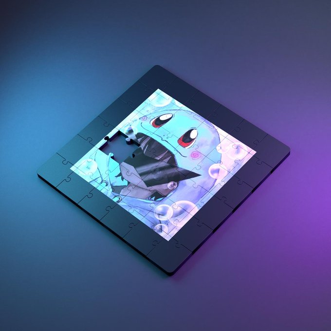 A square jigsaw puzzle with a black border resting on a blue and purple gradient background, depicting the Pokémon Squirtle surrounded by bubbles.
