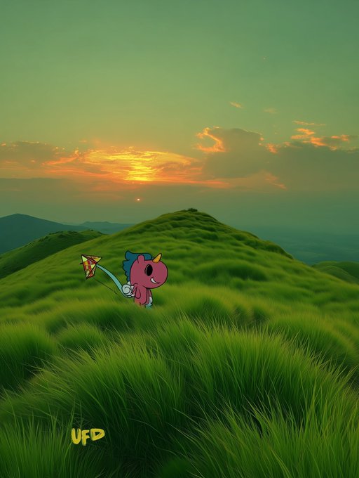 An illustration of a small pink unicorn-like creature flying a kite over lush green rolling hills at sunset, with the text 'UFD' in the bottom left corner.