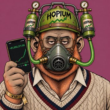 A cartoon-style illustration of a bearded man wearing a gas mask labeled 'HOPIUM' with canisters on his head, holding a phone showing a stock chart with value '+1,692,371.06' and wearing a 'VIP' wristband.