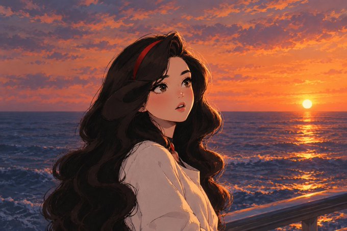 An anime-style illustration of a young woman with long dark wavy hair and a red headband gazing out at a vibrant orange sunset over the ocean.