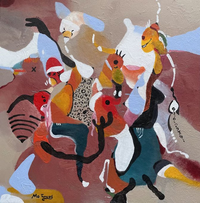 A vibrant abstract painting featuring stylized figures, animals, and shapes in a collage of colors, signed 'Mo Fongey' in the lower left.