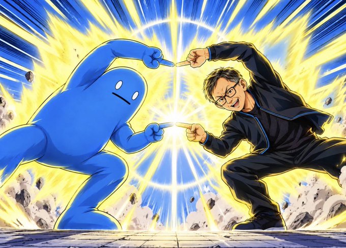 Anime-style artwork showing a blue muscular blob character and a man in black clothing pointing at each other with glowing energy between them.