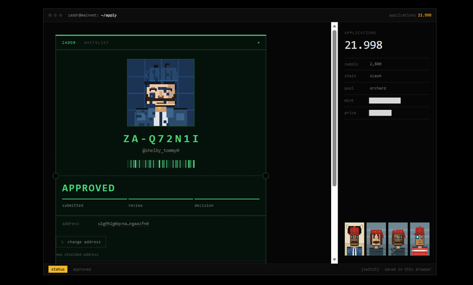 A screenshot of the Zora platform showing a pixel art NFT submission by zA-Q72Ni1i (@shilby_towny0) with an approved status and an application valuation of 21.998.