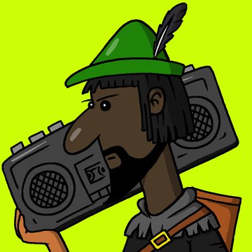 A cartoon illustration of a bearded character wearing a green feathered hat and carrying a large boombox, matching the vibe of a newly minted NFT collection teased on OpenSea. The post announces 30 freshly minted pieces from the "rob" collection, linking directly to the OpenSea page.
