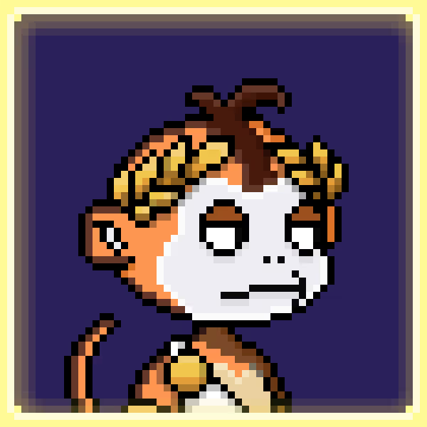 A pixel art portrait of a character with a white mask-like face, brown hair with yellow leaves, and an orange outfit against a dark purple background.