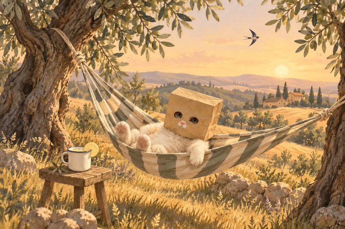 A fluffy white cat wearing a cardboard box on its head relaxes in a striped hammock strung between olive trees, overlooking a sunlit Tuscan landscape.