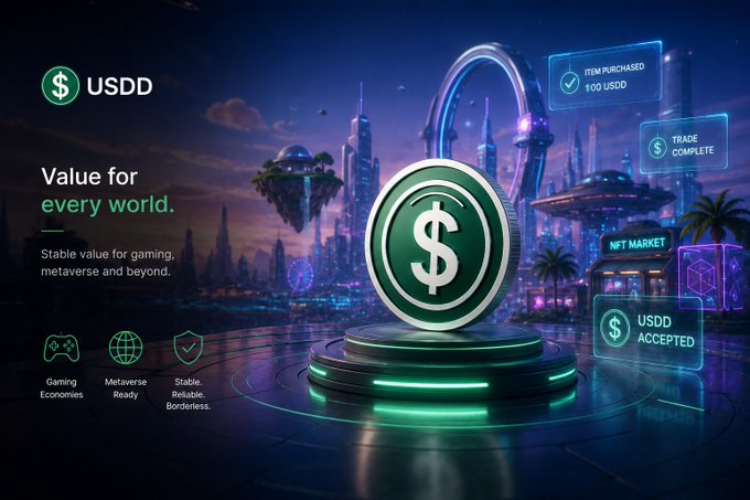 Promotional graphic for "USDD" stablecoin with the tagline "Value for every world," highlighting features for Gaming Economies, Metaverse Ready, and Stable Reliable Borderless use.