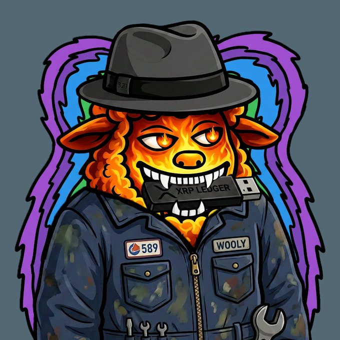 A cartoon mascot illustration of a sheep character with a fiery face, wearing a black hat and denim jacket with a 'WOOLY' name tag, holding an 'XRP LEDGER' USB drive in its mouth, set against a psychedelic purple and blue background.