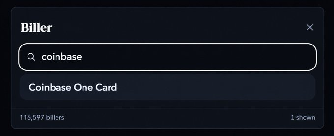 The image displays a search interface titled "Biller" with "coinbase" typed into the search field, revealing a single result for "Coinbase One Card" out of 116,597 total billers. The post mentioning @jessepollak (creator of the Base ecosystem) combined with this image suggests an upcoming integration of Coinbase One Card as a biller option, likely teasing a payment or onchain debit card feature.