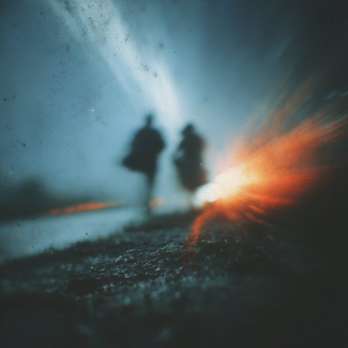 Two cloaked silhouettes walk through a misty, dreamlike twilight landscape, with a fiery orange glow streaking across the ground beside them—evoking the eerie, otherworldly quality of drifting off into sleep. The blurred, haunting figures and surreal lighting capture the liminal space between waking and dreaming that the caption "Night night" suggests.