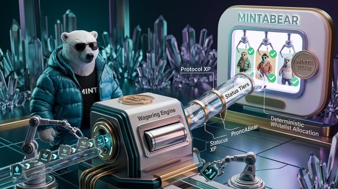 A promotional graphic features a bear mascot in sunglasses and a jacket standing beside a 'Wagering Engine' with a 'MINTABEAR' interface showing 'Protocol XP', 'Status Tiers', and 'Deterministic Whitelist Allocation'.