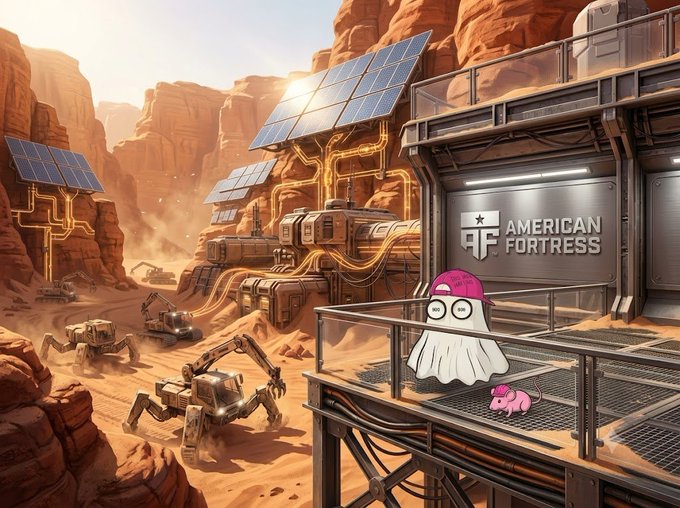 A sci-fi desert scene showing an 'American Fortress' facility with solar panels and robots, featuring a cartoon ghost-like character wearing a pink cap alongside a small pink creature on a metal walkway.
