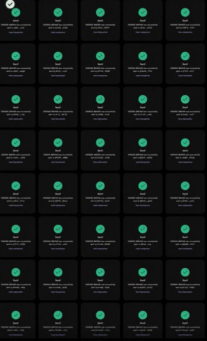 The image displays a grid of green checkmark "Sent" confirmation notifications from Binance, all dated 2024-09-30, showing successful transfers of various cryptocurrencies (BTC, ETH, SOL, XRP, ADA, LTC, MATIC, LINK, AAVE, and others) sent to multiple recipients. This visual likely serves as "proof" to accompany a giveaway post promising to send 0.5 SOL to 2 people who retweet, like, and follow—a common tactic used in cryptocurrency giveaway scams on social media.