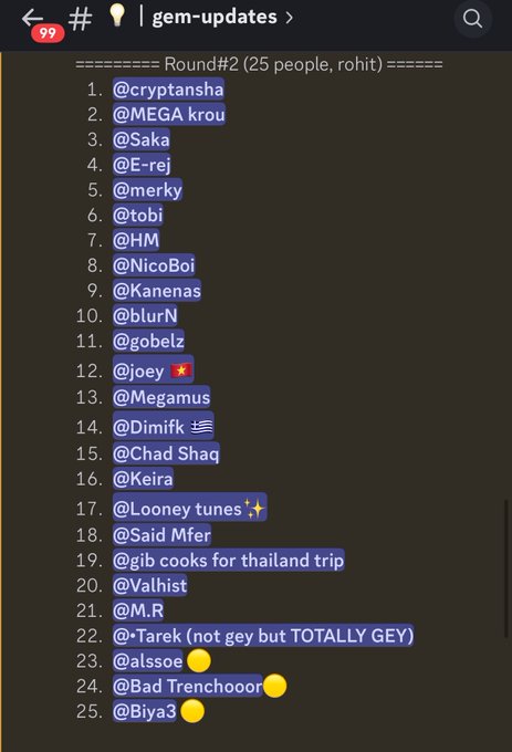 A Telegram channel screenshot titled "gem-updates" showing a numbered list of users for "Round #2 (25 people, rohit)" with handles like @cryptansha, @MEGA krou, @Saka, @E-rej, and others including @joey, @Keira, and @Biya3.