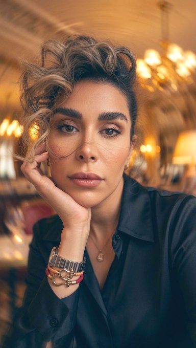 A woman with curly hair rests her chin on her hand in an elegant interior, wearing a dark shirt, layered bracelets, and a delicate pendant necklace. The intimate, artful portrait complements the post's warm wishes for sales and the urgency surrounding her limited "OE" edition release with just 6 days remaining.