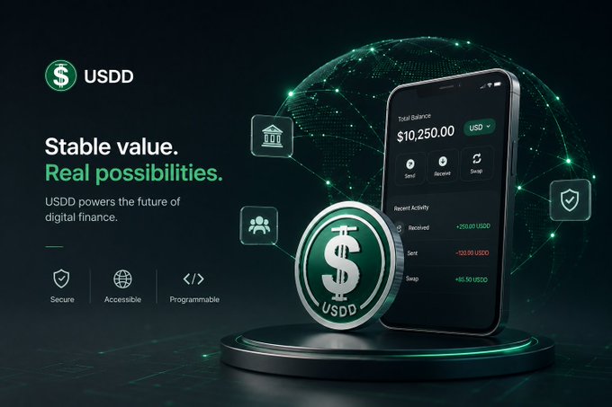 USDD promotional banner reading 'Stable value. Real possibilities.' featuring a smartphone displaying a wallet balance of $10,250.00 USDD alongside a USDD coin on a pedestal, with icons for Secure, Accessible, and Programmable.