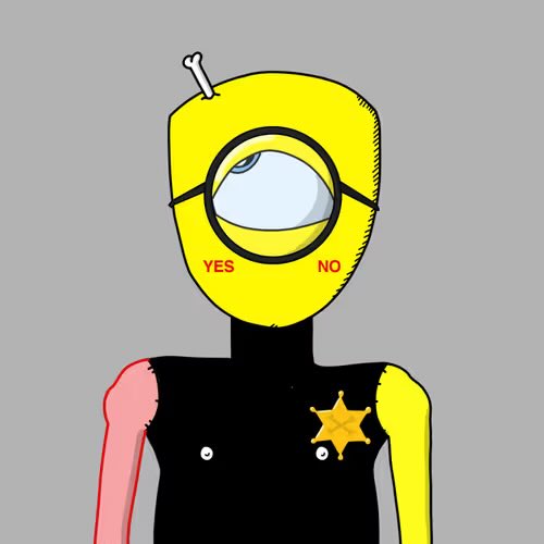 A surreal illustration of a figure with a yellow helmet-like head featuring a single large eye, a bone sticking out the top, and 'YES' and 'NO' labels printed on the sides, wearing a black vest with a sheriff's star badge.