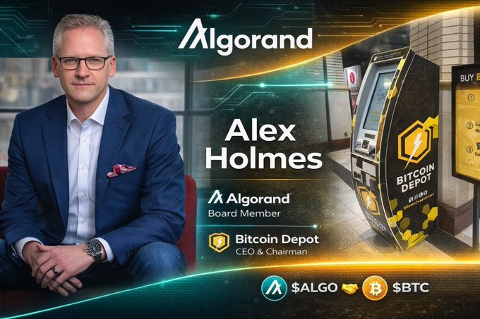 The image features a man sitting down, wearing glasses and a suit jacket. The background of the photo shows an advertisement for Bitcoin Depot, which includes a machine that looks like a vending machine with a screen displaying "Bitcoin Depot". The text on the image reads "Algorand Board Member @RealAllinCrypto I thought you would find this interesting Algo itself $ALGO $BTC".
