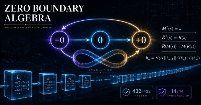 A digital graphic titled 'ZERO BOUNDARY ALGEBRA' displays the 'DIRECTIONAL CYCLE OF NEUTRAL PHASES' with nodes labeled '-0', '0', and '+0', alongside mathematical formulas and an 'INVOLUTION' loop. It shows a chain of hash blocks (h0, h1, h2...) with '432/432 PASSED' and '14/14 FAULTS REJECTED' indicators.