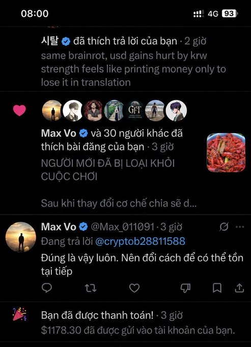 A mobile screenshot of a Twitter/X thread in Vietnamese, with a comment about 'brainrot, usd gains hurt by krw strength', a notification that 'Max Vo' liked the post, and a notification of a $1178.30 transaction.